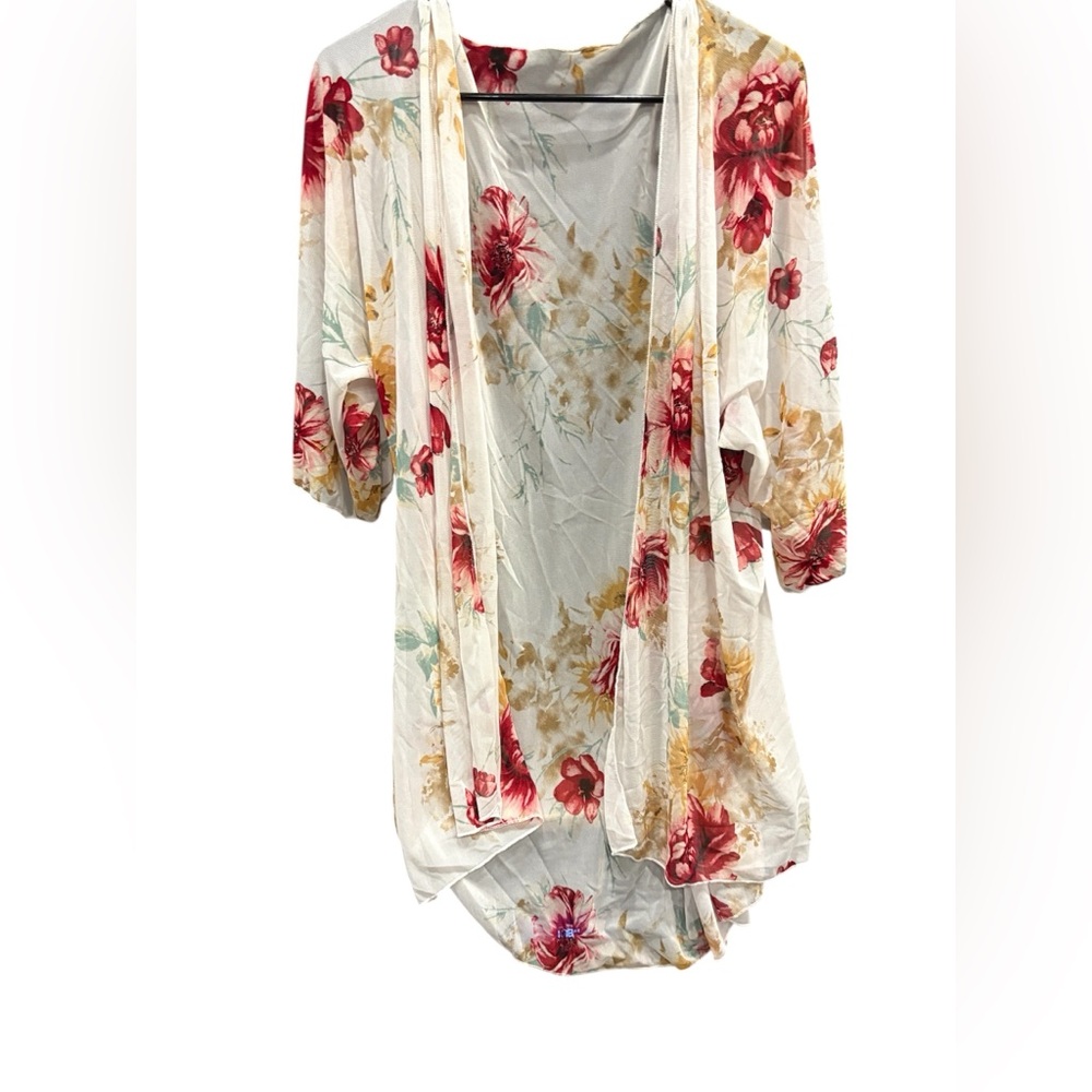 Floral Open-Front Kimono Cardigan - White with Red & Gold Flowers